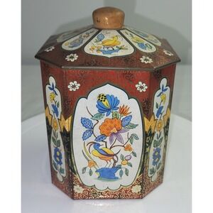 Baret Ware Tea Tin Vintage Octagonal Red Bird Floral England 6in Chinoiserie